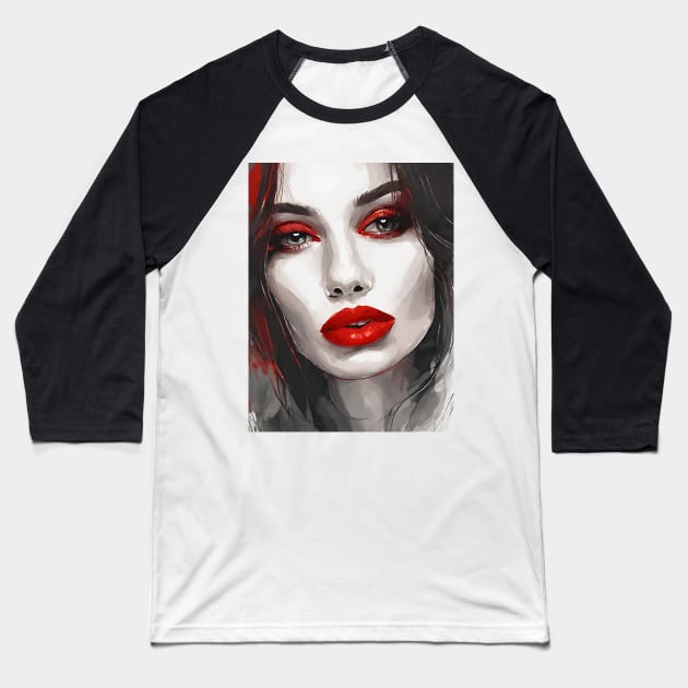 Vampire woman with red lips art ai Baseball T-Shirt by Jolyful Drawing